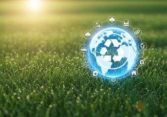 Recycling symbol on earth globe with icons hovering over green grass in bright sunlight environment