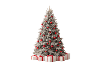 Flocked Christmas tree adorned with red baubles, frosted branches, white wrapped gifts with red satin ribbons, isolated on a transparent background