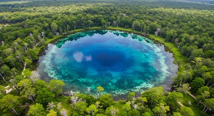 Aerial view reveals a stunning, crystal-clear, deep blue spring surrounded by lush, green forest