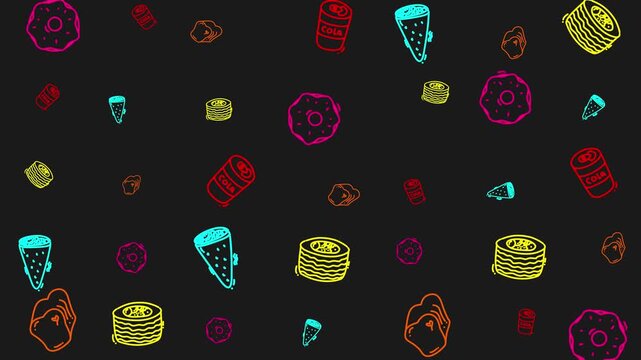 A fun, seamless looping pattern background animation. Features colorful neon doodles of junk food icons like donuts, cola, and pizza floating on a black background.