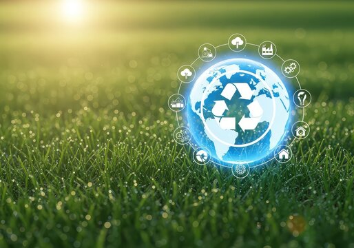 Recycling symbol on earth globe with icons hovering over green grass in bright sunlight environment - Powered by Adobe