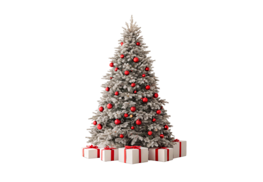 Flocked Christmas tree adorned with red baubles, frosted branches, white wrapped gifts with red satin ribbons, isolated on a transparent background