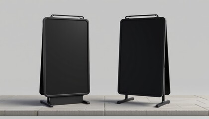 A 3D rendering of a blank black metallic outdoor stand mockup set in front and side views for clear street signage board mock up