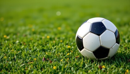 Fototapeta premium Create an image of a fast soccer ball against a green background with ample white space on the right side for text.