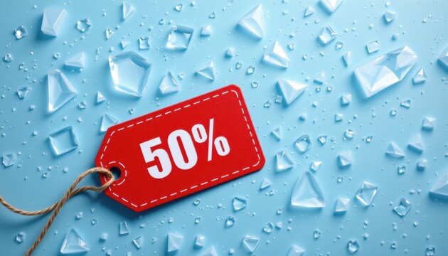 A striking image featuring a red sale tag with a clear 50% off discount message against an icy blue background
