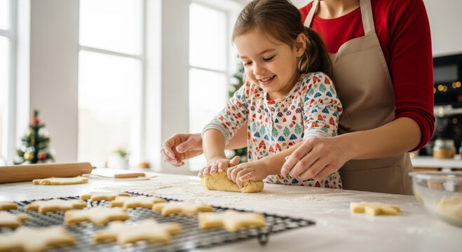 Smiling child and adult roll gingerbread cookie dough on tray for Christmas and new year baking creating warm joyful holiday treats together