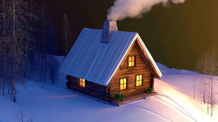 3D render of wooden house in winter forest with smoking chimney, cozy winter cabin, scenic snowy landscape