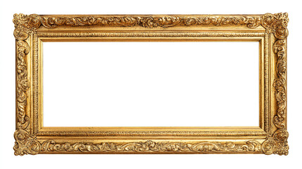 Ornate golden rectangular picture frame with intricate carvings on a white background