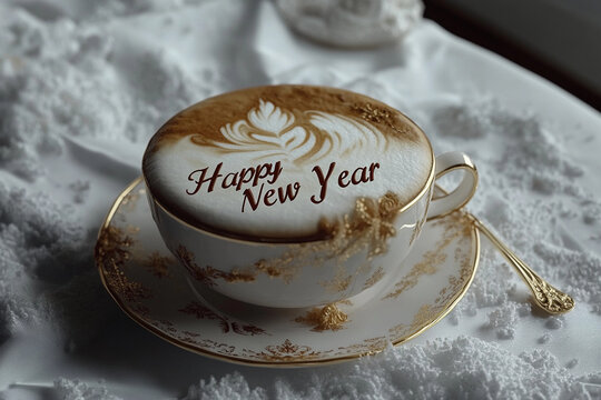 Cup of cappuccino with Happy New Year message on foam, festive holiday coffee, cozy winter celebration scene - Powered by Adobe