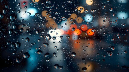 Raindrops on Window with City Night Lights, Abstract Urban Bokeh Photography