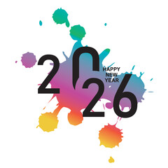 Colorful paint splash 2026 Happy New Year design. Vibrant 2026 Happy New Year graphic featuring bold black typography over colorful paint splashes, symbolizing creativity, fun, and celebration.

