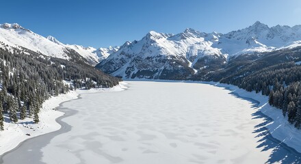 Aerial view of a frozen lake surrounded by snow-covered mountains under a clear blue sky