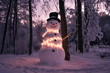 Fototapeta premium Funny snowman in winter forest at night festive Christmas background