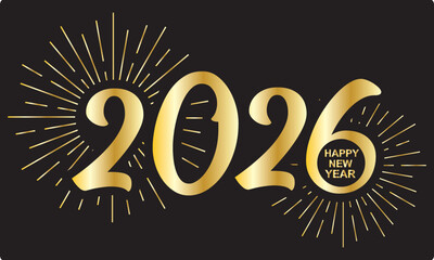 Fototapeta premium Elegant golden 2026 Happy New Year design. Luxury 2026 Happy New Year graphic with shiny gold text fireworks logo, gold New Year number ideal for festive celebrations and invitations.