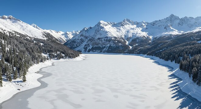 Aerial view of a frozen lake surrounded by snow-covered mountains under a clear blue sky - Powered by Adobe