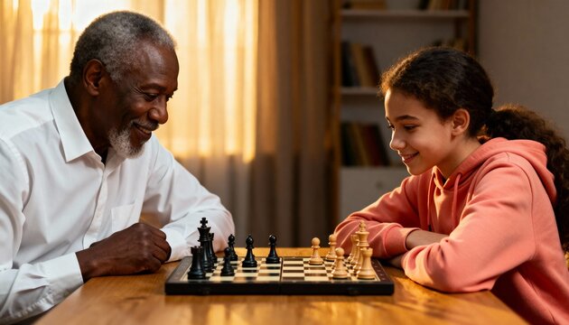 Smiling African American grandfather teaching his granddaughter to play chess at home. Intergenerational family bonding over a strategic board game. Senior man and child enjoying quality time together