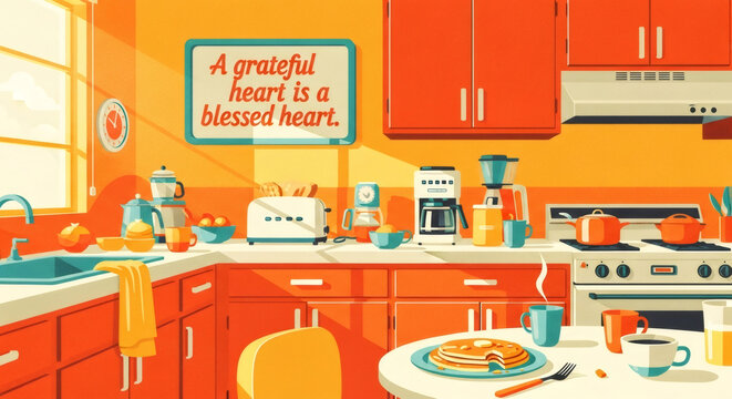 Retro style kitchen with a motivational quote about gratitude. Cozy home setting for Thanksgiving holiday. Flat design illustration depicting homely warmth and appreciation.