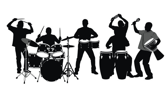 Silhouette of musicians playing drums percussion musical instruments