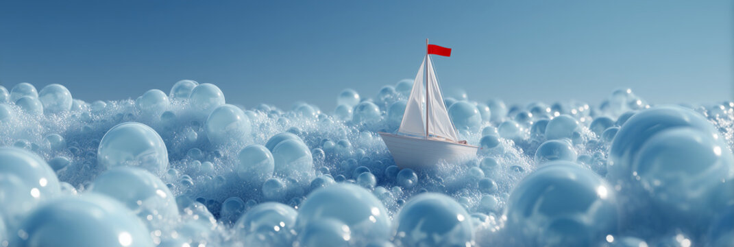 A minimalist 3D rendering of a white sailboat with red flag sailing through countless translucent blue water bubbles. Symbolizing freedom, travel, and ocean adventure. Generative Ai.