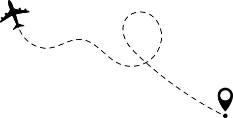 Airplane Route Icon. Travel symbol. Airplane Line Path Icon Set of Air Plane Flight Route.