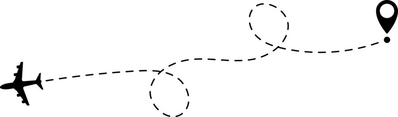 Airplane Route Icon. Travel symbol. Airplane Line Path Icon Set of Air Plane Flight Route.