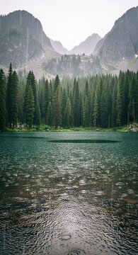 Rainy lake reflects tall pine forest trees beneath majestic mountain landscape in peaceful atmosphere
Seamless looping, virtual video animation background. Generated AI	