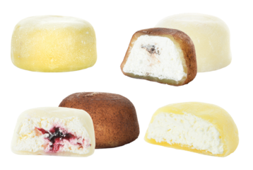 grouping of assorted gourmet japanese mochi ice cream desserts, presented whole and sliced open to reveal internal creamy fillings on black.
