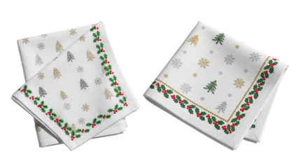 Two White Christmas Napkins with Holly and Pine Tree Designs isolated On A transparent Background