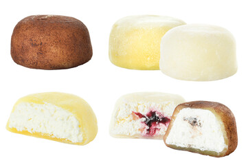 variety set of delicious japanese mochi ice cream pieces, whole and sliced to show various creamy fillings, isolated against a dark background.