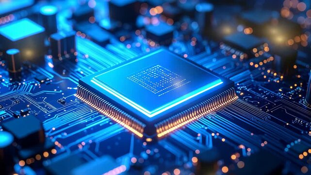 Illuminated computer chip on circuit board with intricate glowing blue circuitry and data processing elements.