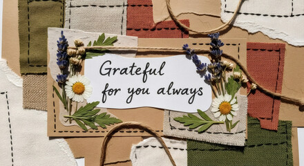 Grateful for you always autumn greeting card with dried flowers and patchwork fabric for Thanksgiving holiday