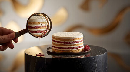 Delicious layered cake sits on a black marble stand with raspberry filling, drizzled with honey, showcasing elegance and culinary artistry.