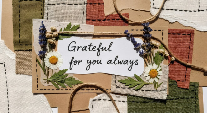 Grateful for you always autumn greeting card with dried flowers and patchwork fabric for Thanksgiving holiday