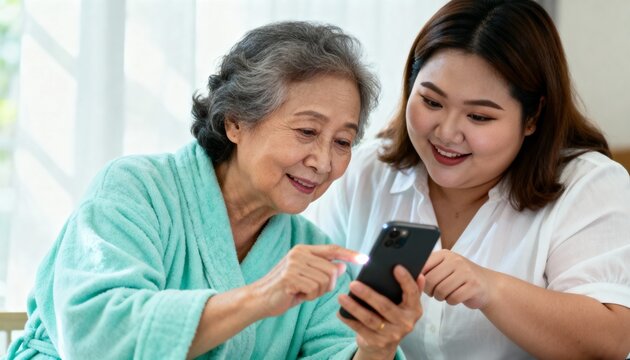 Smiling senior Asian woman learning to use a smartphone with her daughter at home. Elderly mother and adult child bonding over modern technology - Powered by Adobe