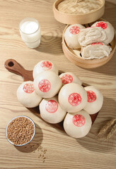 Traditional Chinese Steamed Buns with Red Stamps in Bamboo Steamer - Asian Dim Sum Cuisine