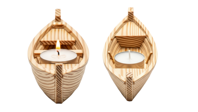 Two Wooden Boat Candle Holders isolated On A transparent Background