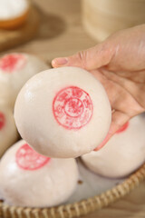 Traditional Chinese Steamed Bun with Red Spiral Pattern - Handmade Shandong Thousand Layer Noodle Dumpling