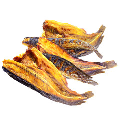 stack of golden-brown dried, smoked, or roasted fish fillets displayed prominently, isolated on a transparent background for food marketing