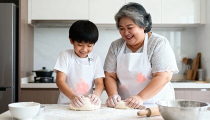 Asian family baking together at home. Grandmother and grandson smiling while kneading dough in a modern kitchen. Intergenerational bonding and learning a new skill