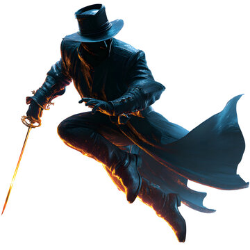 The Mysterious Duelist: An enigmatic figure, cloaked in shadow and clad in traditional attire, leaps gracefully mid-air, a gleaming rapier poised ready for combat, embodying courage.