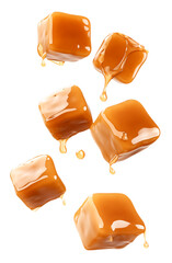 six glossy, square caramel candies floating mid-air, dripping with rich liquid caramel sauce,...