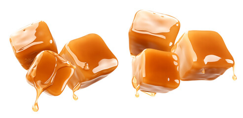 stacked arrangement of several glossy caramel candies covered in rich, flowing golden syrup, isolated on a transparent background