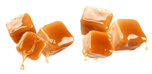 stacked arrangement of several glossy caramel candies covered in rich, flowing golden syrup, isolated on a transparent background