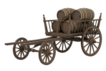 Old wooden cart loaded with wine barrels isolated on transparent background