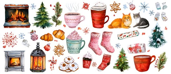 Obraz premium Merry Christmas watercolor set of traditional decor and elements. Elements of a Christmas mood on a white background