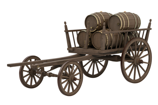 Old wooden cart loaded with wine barrels isolated on transparent background