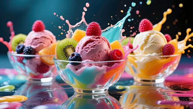 Vibrant and colorful scene of three glass bowls filled with delicious scoops of ice cream topped with fresh fruits captured mid-splash with dynamic splattering of colorful liquid.