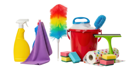 Various Cleaning Supplies Including Spray Bottle Duster Bucket Sponge And Squeegee isolated On A transparent Background