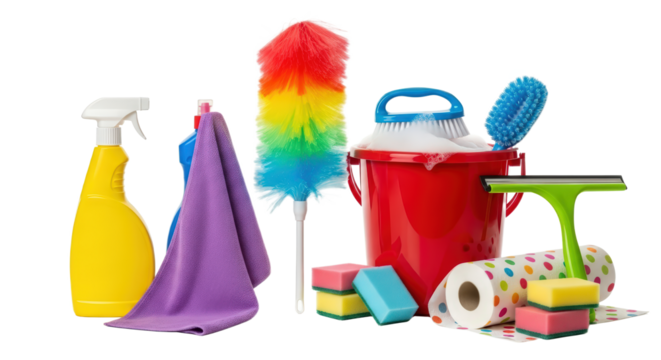 Various Cleaning Supplies Including Spray Bottle Duster Bucket Sponge And Squeegee isolated On A transparent Background - Powered by Adobe