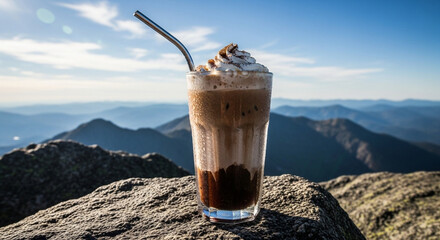 Frosty Glass of Iced Mocha Coffee with Condensation on a Granite Rock at a Breathtaking Mountain Summit Overlook.